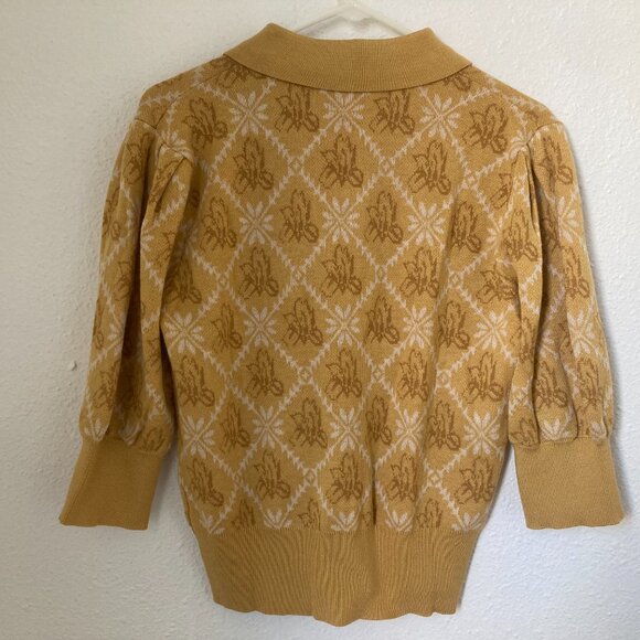 Simple Retro Polo Collar Floral Knit Top, Mustard, Size M/L - Picture 3 of 3